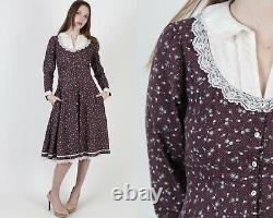 Vtg 70s Gunne Sax Dress Burgundy Calico Floral Country Prairie Lace Collar Mini