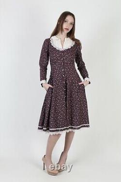 Vtg 70s Gunne Sax Dress Burgundy Calico Floral Country Prairie Lace Collar Mini