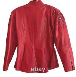 Vtg 80s Beaded Red Leather Jacket Women's Punk Rockabilly Puff Sleeve Cinched M