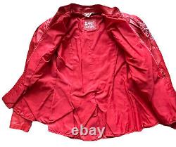 Vtg 80s Beaded Red Leather Jacket Women's Punk Rockabilly Puff Sleeve Cinched M