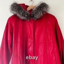 Vtg 80s Rallee Red Leather Fur Hood Swing Day Coat Womens M Jacket
