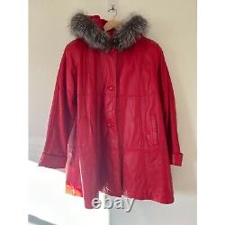 Vtg 80s Rallee Red Leather Fur Hood Swing Day Coat Womens M Jacket