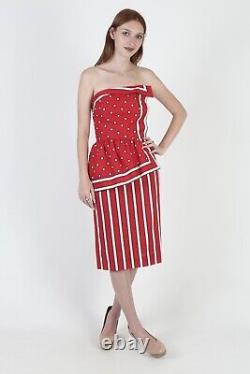 Vtg 80s Victor Costa Cocktail Dress Red Polka Dot Strapless Pencil Skirt Mini
