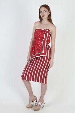 Vtg 80s Victor Costa Cocktail Dress Red Polka Dot Strapless Pencil Skirt Mini