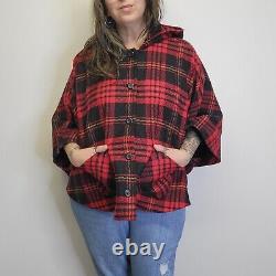 Vtg 90s Pendleton 100% Wool Hooded Red Plaid Cape Coat Pockets Womens OS