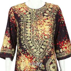 Vtg Batik Print Brown Red withGold Embroidery Caftan Maxi Festival Dress sz M /969