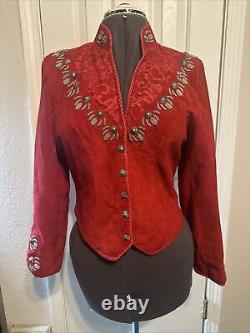 Vtg Renegade By Ren Ellis Women's Blazer Red Leather Jacket Silver Bead Red Lace