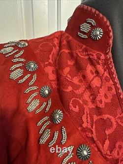 Vtg Renegade By Ren Ellis Women's Blazer Red Leather Jacket Silver Bead Red Lace