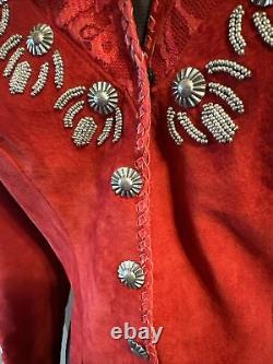 Vtg Renegade By Ren Ellis Women's Blazer Red Leather Jacket Silver Bead Red Lace