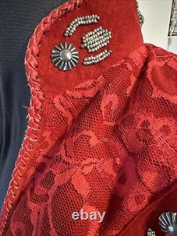 Vtg Renegade By Ren Ellis Women's Blazer Red Leather Jacket Silver Bead Red Lace