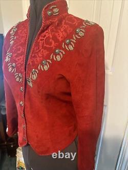 Vtg Renegade By Ren Ellis Women's Blazer Red Leather Jacket Silver Bead Red Lace