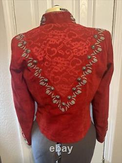 Vtg Renegade By Ren Ellis Women's Blazer Red Leather Jacket Silver Bead Red Lace