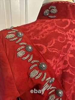 Vtg Renegade By Ren Ellis Women's Blazer Red Leather Jacket Silver Bead Red Lace