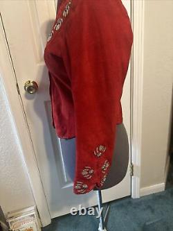 Vtg Renegade By Ren Ellis Women's Blazer Red Leather Jacket Silver Bead Red Lace