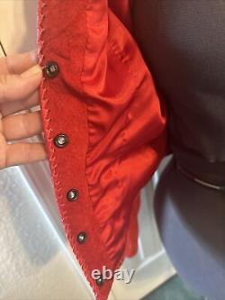 Vtg Renegade By Ren Ellis Women's Blazer Red Leather Jacket Silver Bead Red Lace