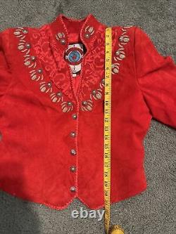 Vtg Renegade By Ren Ellis Women's Blazer Red Leather Jacket Silver Bead Red Lace