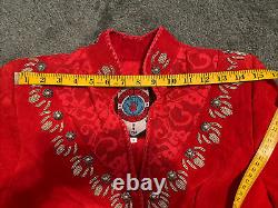 Vtg Renegade By Ren Ellis Women's Blazer Red Leather Jacket Silver Bead Red Lace