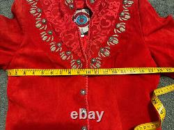 Vtg Renegade By Ren Ellis Women's Blazer Red Leather Jacket Silver Bead Red Lace