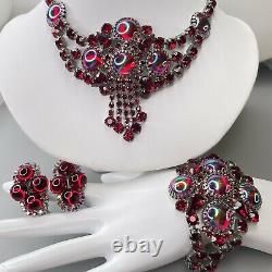Vtg Ruby Red Glass Rhinestone Choker Bracelet Married Clip Earring Demi Quality