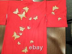 Vtg Womens Kimono Maxi Hand-made Floral Red Traditional Style Complete