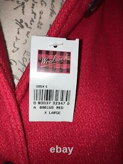 WOOLRICH NWT Red Wool Coat Long Leather Collar Patches Lined USA Vintage Sz XL