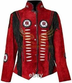 Women Vintage Red Suede Leather Jacket Ladies Native Fringe Western Wear Coat