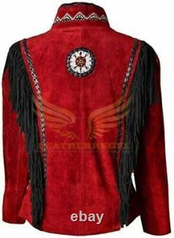 Women Vintage Red Suede Leather Jacket Ladies Native Fringe Western Wear Coat