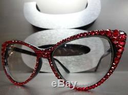 Women's VINTAGE RETRO CAT EYE Style Clear Lens EYE GLASSES Red Crystals Handmade