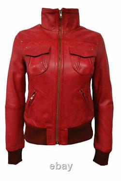 Women's Vintage Red Leather Jacket 100% Real Lambskin Slim fit Bomber Biker Coat