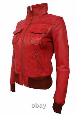 Women's Vintage Red Leather Jacket 100% Real Lambskin Slim fit Bomber Biker Coat