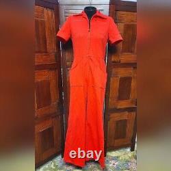 Women's Vintage Red Ribbed 1970s Jumpsuit with Flare Bell Bottom Legs Size 14