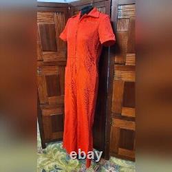 Women's Vintage Red Ribbed 1970s Jumpsuit with Flare Bell Bottom Legs Size 14