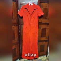 Women's Vintage Red Ribbed 1970s Jumpsuit with Flare Bell Bottom Legs Size 14