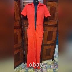 Women's Vintage Red Ribbed 1970s Jumpsuit with Flare Bell Bottom Legs Size 14