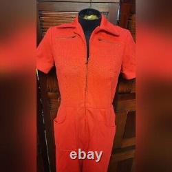 Women's Vintage Red Ribbed 1970s Jumpsuit with Flare Bell Bottom Legs Size 14