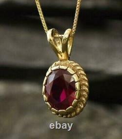 Womens 3ct Oval Red Ruby Filligree Vintage 18 Chain Pendant 14k Yellow Gold FN