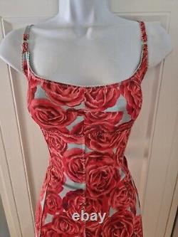 Womens Karen Millen Vintage Blue Red Floral Rose Strappy Corset Bodycon Dress 14
