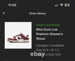 Womens Nike Dunk Low Vintage Red FJ4555-100 Size 9 ORDER CONFIRMED