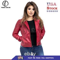 Womens Red Leather Jacket Motorcycle Genuine Lambskin Biker Fashion Vintage Coat
