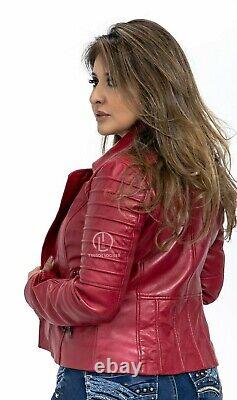 Womens Red Leather Jacket Motorcycle Genuine Lambskin Biker Fashion Vintage Coat