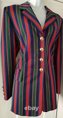 Womens Vintage Escada Margaretha Ley Blue Red Stripe Wool Longline Jacket 40