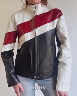 Womens Vintage Y2K Black White And Red Striped Wilsons Leather Moto Biker Jacket