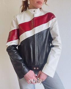 Womens Vintage Y2K Black White And Red Striped Wilsons Leather Moto Biker Jacket