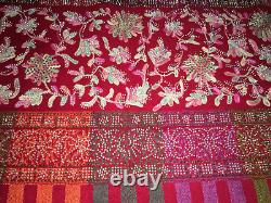 Womens vintage shawl dupatta Scarf India fabric rhinestone jewel dark red 88x42