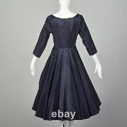 XS 1950s Dress Navy Blue Taffeta Ful A-line Red Tartan Plaid Skirt Pinup 50s VTG