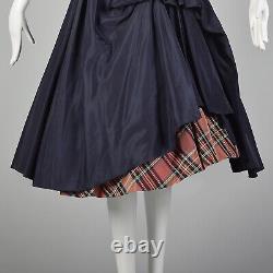 XS 1950s Dress Navy Blue Taffeta Ful A-line Red Tartan Plaid Skirt Pinup 50s VTG