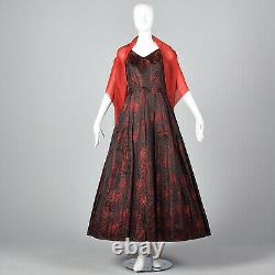 XS 1950s Dress Red and Black Brocade Party Dress Cocktail Party Outfit 50s VTG