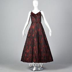 XS 1950s Dress Red and Black Brocade Party Dress Cocktail Party Outfit 50s VTG
