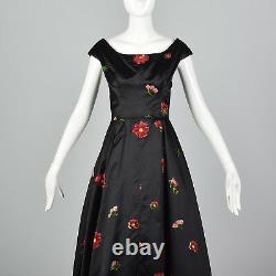 XS 1950s Hattie Carnegie Black Floral Gown VTG Red Flocked Flowers Party Dress