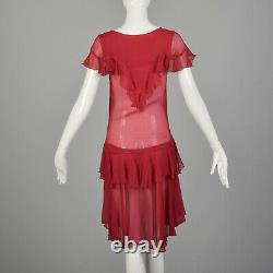 XXS 1920s Sheer Lipstick Red Silk Flapper Dress Flirty Ruffles Art Deco VTG 20s